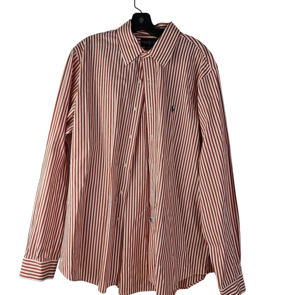 Ralph Lauren Orange Striped Long Sleeve Dress Shirt XL Custom Fit Green Pony